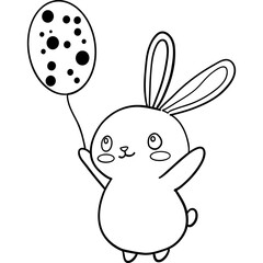 Easter Theme, Cute bunny holding a balloon with a playful design. outline for coloring .