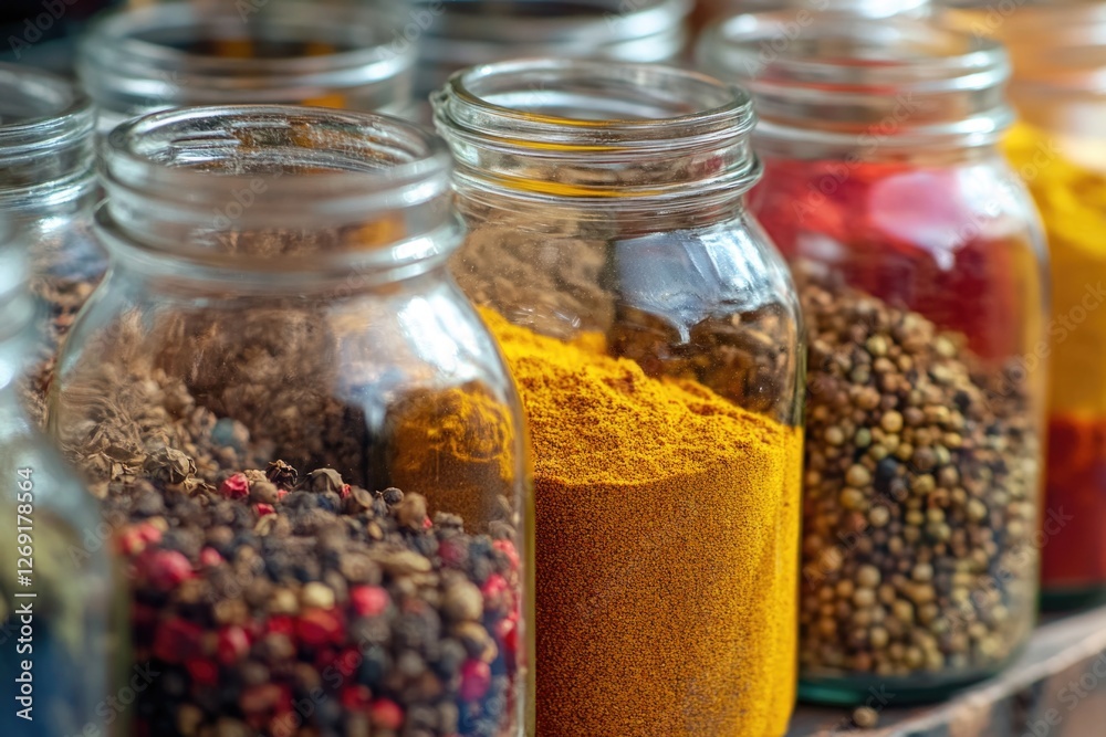 Poster A collection of spice jars filled with different types of spices