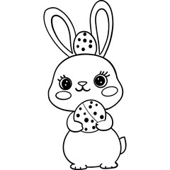 Easter Theme, Cute cartoon bunny holding a cookie with a decorative egg on its head. outline for coloring .