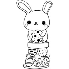 Easter Theme, Cute bunny stacking colorful cookies and Easter eggs. outline for coloring .