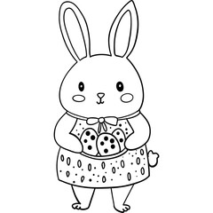 Easter Theme, Cute bunny holding cookies in a dress with a bow. outline for coloring .