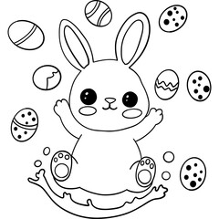 Easter Theme, Cute bunny surrounded by decorated Easter eggs in a playful design. outline for coloring .
