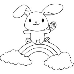 Easter Theme, Cute bunny holding an egg on a colorful rainbow with clouds. outline for coloring .