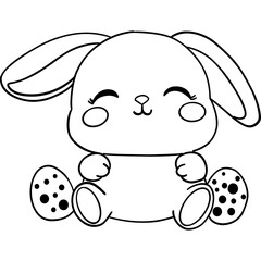 Easter Theme, Cute cartoon bunny sitting with a happy expression and patterned paws. outline for coloring .