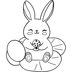 Easter Theme, Cute bunny holding an Easter egg on a leaf. outline for coloring .