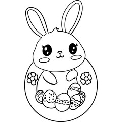 Easter Theme, Cute bunny surrounded by decorated Easter eggs and flowers. outline for coloring .