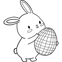 Easter Theme, Cute bunny holding a large decorative egg in a playful pose. outline for coloring .