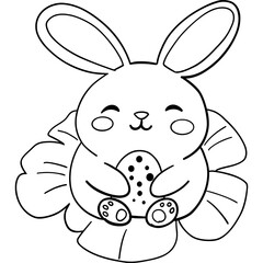 Easter Theme, Cute cartoon bunny holding an egg with a cheerful expression. outline for coloring .