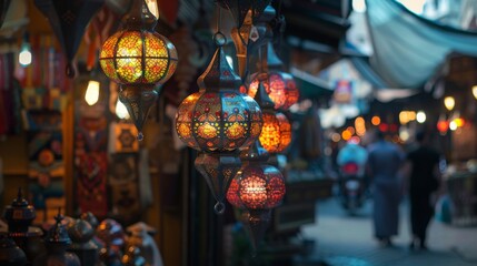 Fototapeta premium Ramadan lanterns hanging in a marketplace
