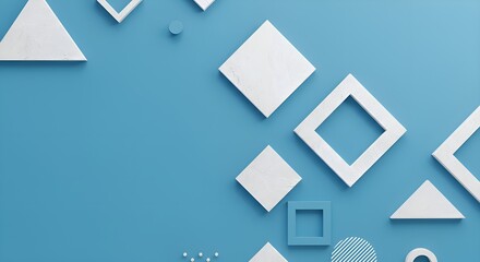 Minimalist abstract design with a blue background and textured white transparent geometric shapes in a random, overlapping pattern
