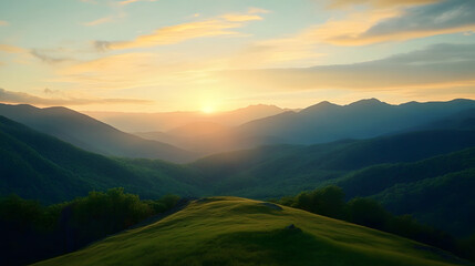 Fototapeta premium Breathtaking sunrise over green mountains, showcasing vibrant colors and serene nature, perfect for landscapes and travel themes.