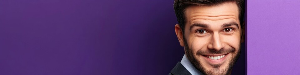 Fototapeta premium A person in a suit looking out from behind a purple wall, possibly seeking privacy or anonymity