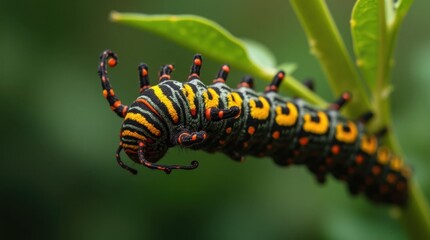 Vividly Colored Caterpillar with Yellow and Black Stripes and Red Dot