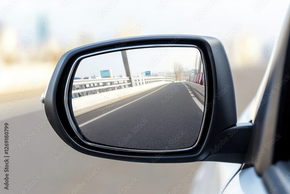 Poster a car's side view mirror on the side of the road, great for use in travel or automotive context