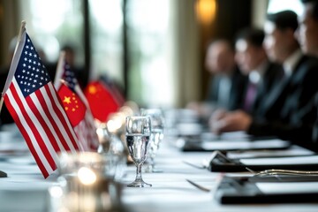 A gathering of people around a table with American and Chinese flags, ideal for international cooperation or diplomatic meetings
