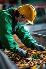 A person in a green jacket and yellow helmet collecting and organizing fallen leaves