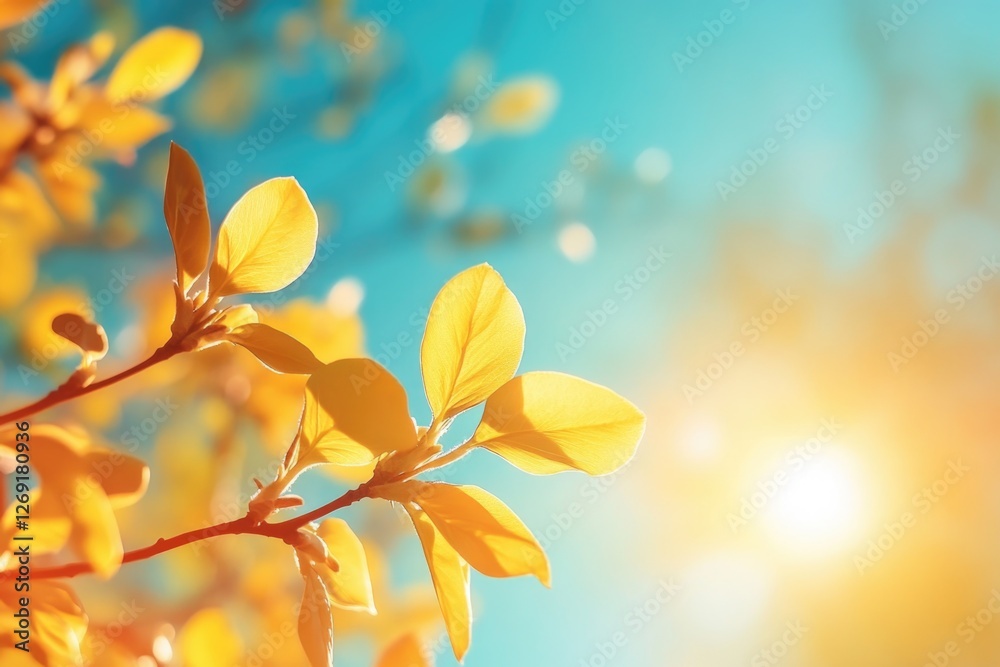 Poster bright sunlight illuminates the green foliage of a tree, creating a warm and inviting atmosphere