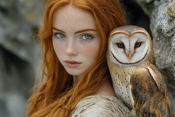 Young woman with red hair and freckles poses gracefully with a barn owl in a natural outdoor setting