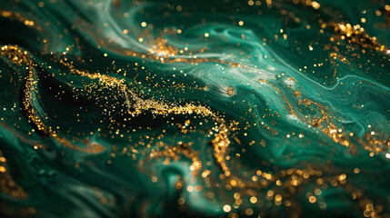 Abstract magic green background adorned with golden sparkles, showcasing various shades of green with splashes of gold glitter.