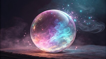 Fototapeta premium Colorful Bubble in a Mystical Atmosphere - A mesmerizing bubble filled with vibrant colors and cosmic swirls, surrounded by a dreamy mist on a textured surface