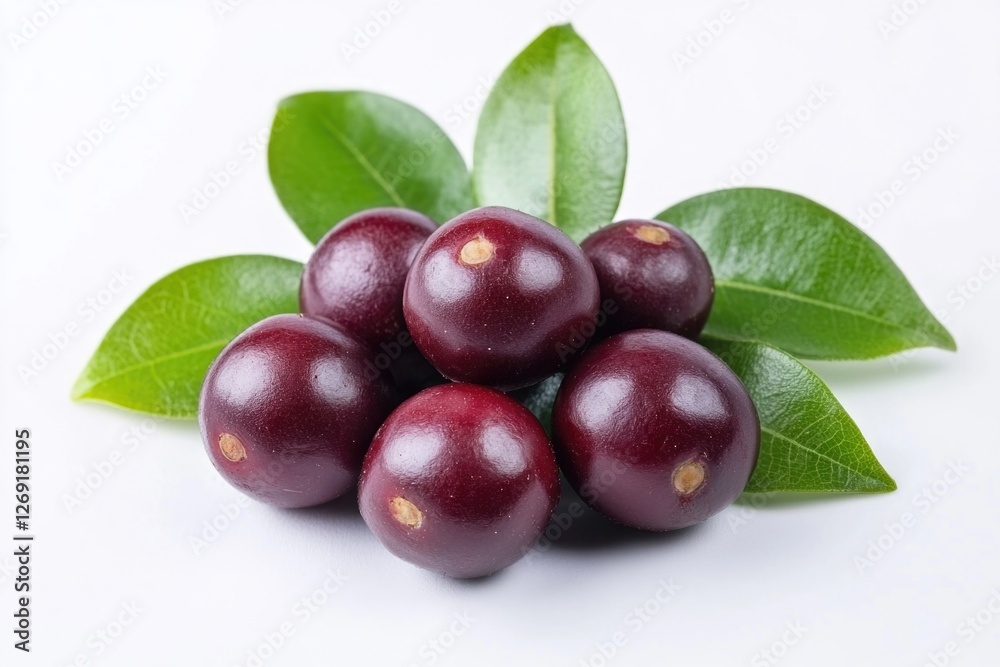 Poster a close-up view of a variety of berries with leaves on a white background, suitable for use in food 
