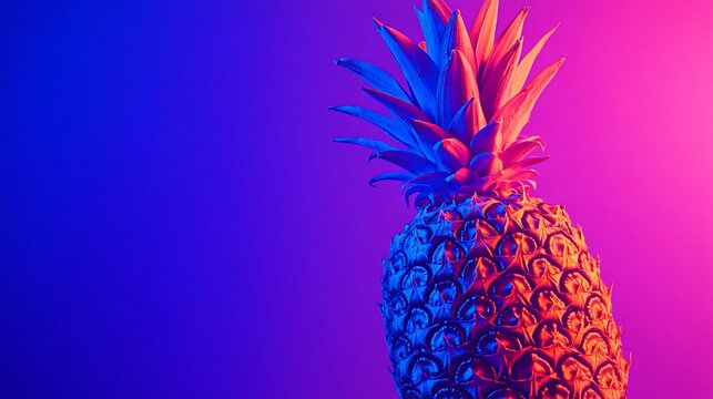 Vibrant pineapple illuminated by neon blue and pink light.