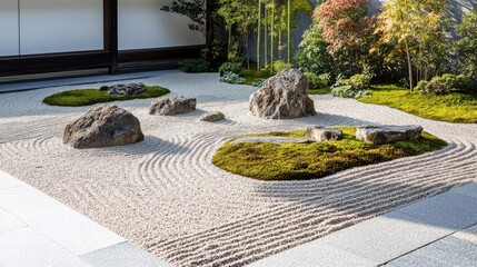 Obraz premium A Zen rock garden with a tranquil atmosphere, featuring rippled sand, moss-covered stones, and bamboo accents.