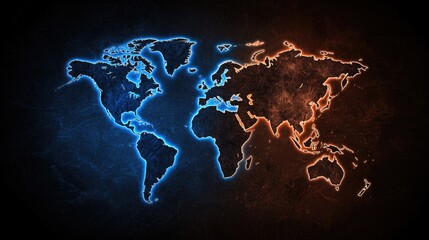 Global map visualization digital art technology dark background high-contrast geopolitical concept