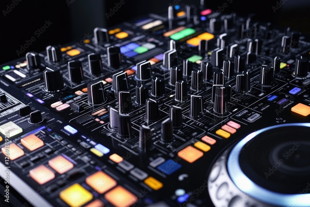 Aufkleber A close-up view of a DJ's control board, showing various knobs and buttons