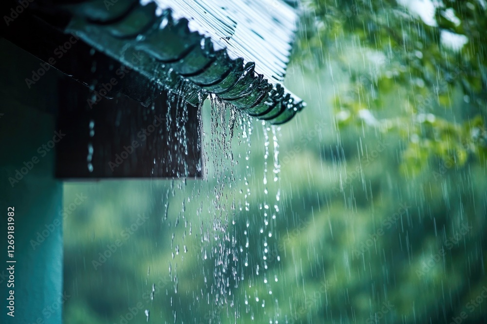 Poster Close-up of a roof with rain falling from above, suitable for use in weather or architecture-themed projects