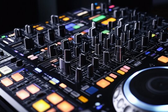 A close-up view of a DJ's control board, showing various knobs and buttons