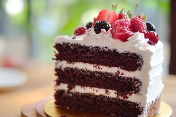 A single serving of delicious cake on a plate, perfect for a special treat or dessert