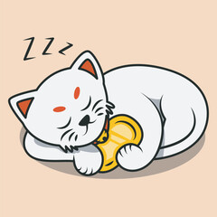 vektor ikon lucky cat tidur sambil memeluk kepingan emas. ikon vektor premium
