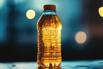 A clear plastic water bottle sits atop a flat surface, with nothing else in the frame
