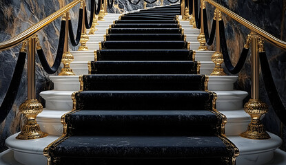 Luxury black carpet down a luxury stairway with gold stanchions with black luxurious velvet ropes, gold and white color.