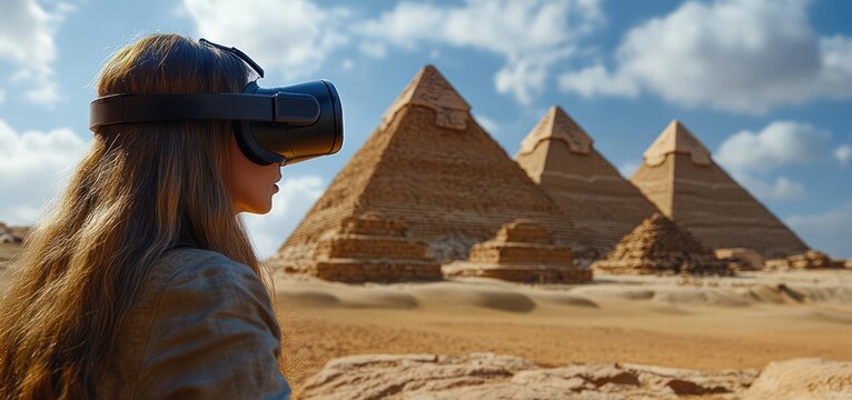 A human and AI companion explore a virtual reality of ancient civilizations, blending curiosity with digital recreation.