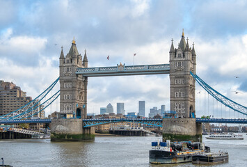 Tower Bridge Over the River Thames with London’s Modern Skyline in the Background