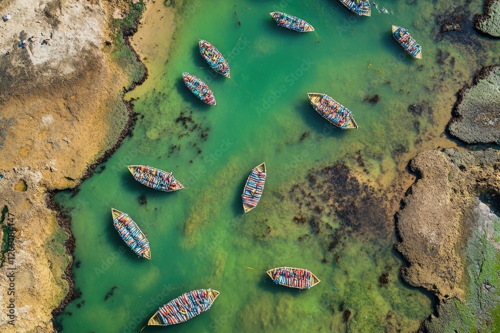 Poster a group of boats on calm waters, suitable for use in travel or recreation themed projects