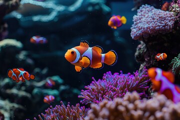 A clownfish swimming near a coral reef, surrounded by neon-colored fish