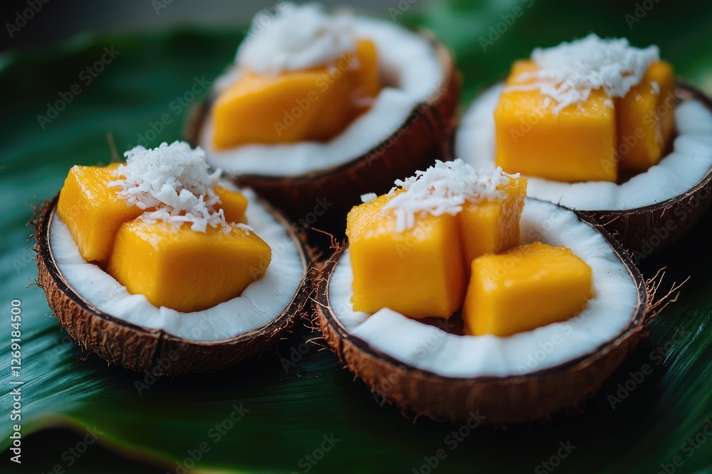 Poster fresh fruit arrangement with four mango slices placed in a natural coconut shell