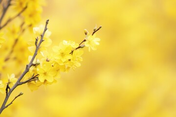 A close-up shot of a tree branch featuring bright yellow flowers