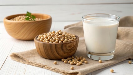 Fresh Soy Milk and Soybeans in Bowls - A serene depiction of fresh soy milk in a glass, accompanied by bowls of whole soybeans, set on a light wooden table