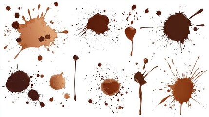 Diverse chocolate splatters and stains across a white background showcasing various shapes and sizes