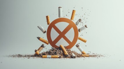 Representation of anti-smoking campaign with crushed cigarette butts and a prohibition symbol