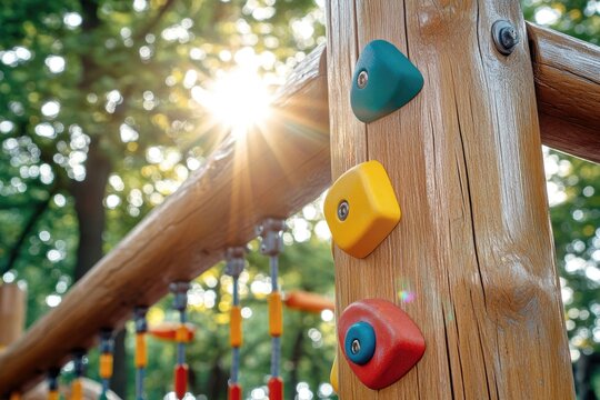 A close-up view of a wooden cabinet with colorful knobs