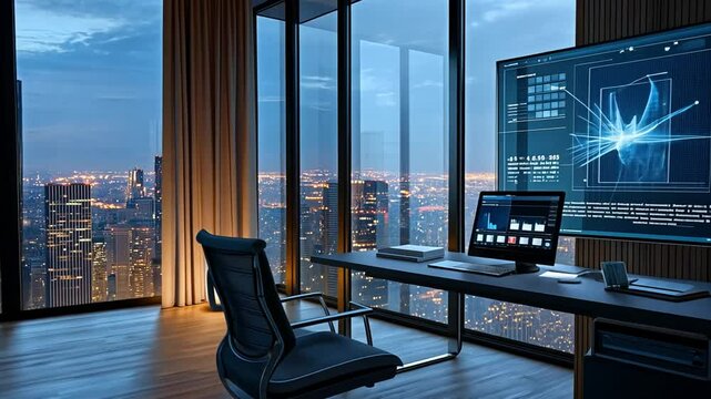 Futuristic smart workspace with IoT holographic display and ergonomic design