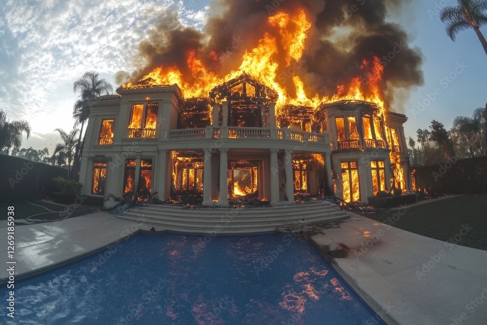 Poster a house engulfed in flames with a pool in the foreground, conveying a sense of urgency and chaos