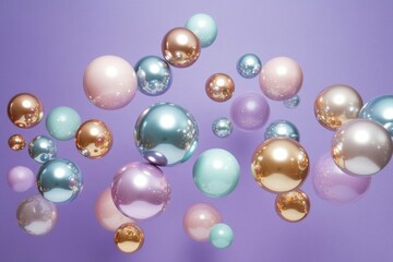 Colorful abstract spheres floating against a soft purple background, creating a dreamy and playful atmosphere with pastel hues and metallic accents