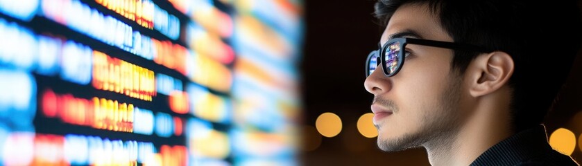 Focused young man in glasses observing colorful digital screen at night with bright data visualization and technology background providing insights