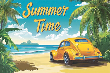 Retro Summer Vacation Scene with Yellow Car on Sandy Beach under Palm Trees